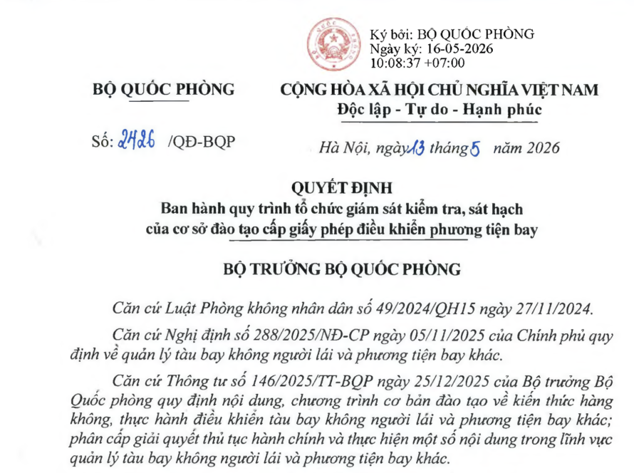 Quyết định số 2426/QĐ-BQP