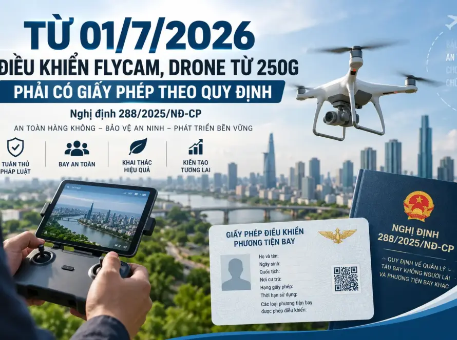 Từ 01/7/2026, điều khiển Flycam, Drone từ 250g người điều khiển phải có giấy phép điều khiển flycam, drone