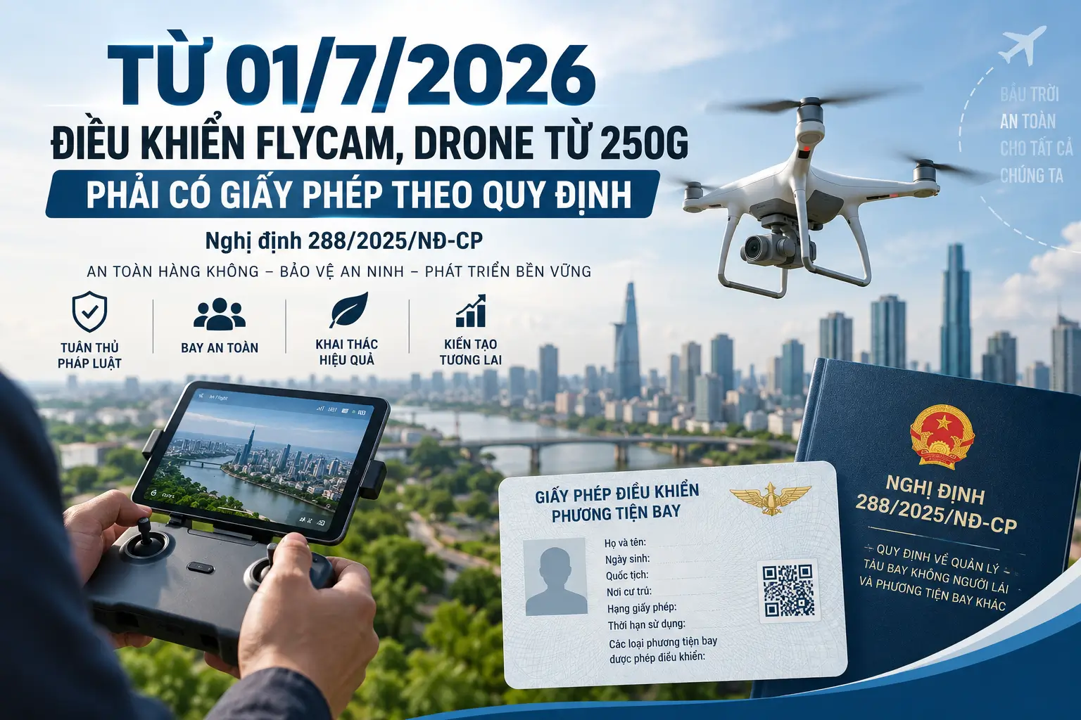 Từ 01/7/2026, điều khiển Flycam, Drone từ 250g người điều khiển phải có giấy phép điều khiển flycam, drone